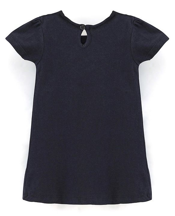 Babyhug 100% Cotton Knit Half Sleeves Solid Color Frock With Bow Applique And Floral Print Pack Of 2 - Navy Blue & Pink