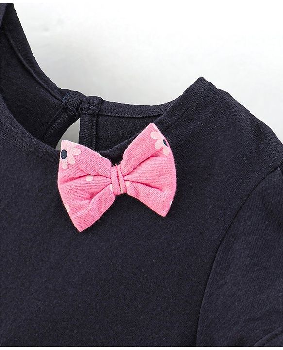 Babyhug 100% Cotton Knit Half Sleeves Solid Color Frock With Bow Applique And Floral Print Pack Of 2 - Navy Blue & Pink