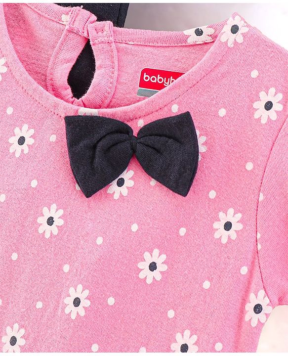 Babyhug 100% Cotton Knit Half Sleeves Solid Color Frock With Bow Applique And Floral Print Pack Of 2 - Navy Blue & Pink