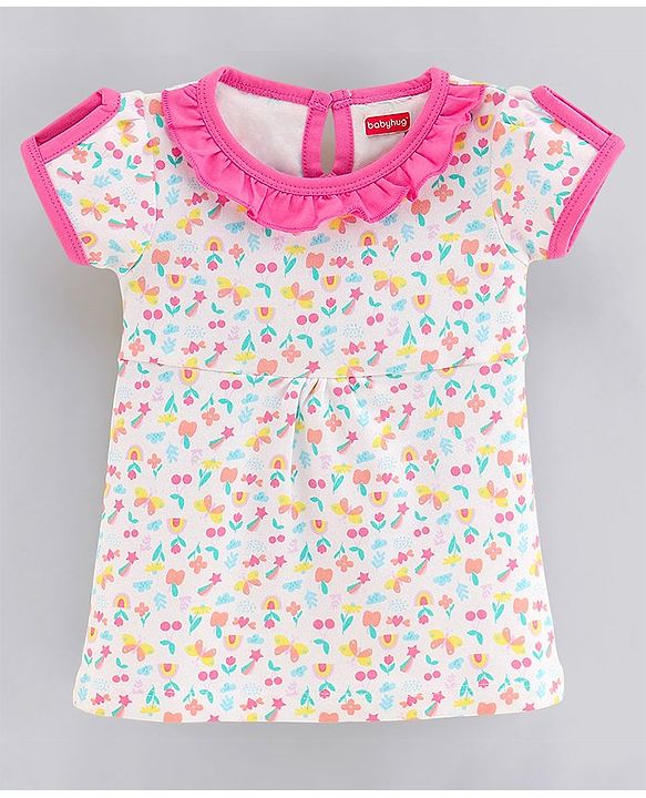 Babyhug 100% Cotton Short Sleeves Frock Floral Print - White
