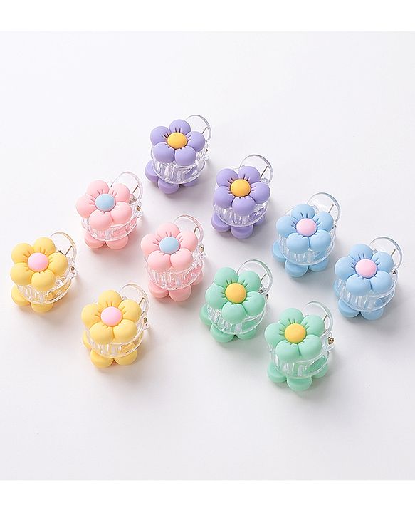 Babyhug Free Size Flower Shaped Clips Pack of 10 - Green & Blue