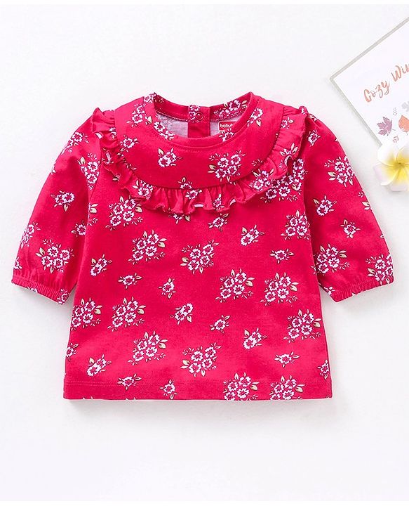 Babyhug Three Fourth Peasent Sleeves With Floral Print - Dark Pink