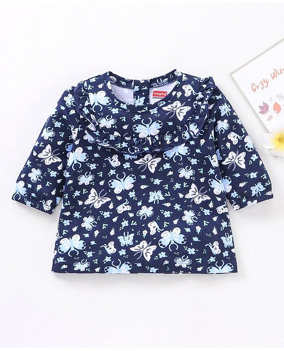 Babyhug Three Fourth Peasent Sleeves T-Shirt  With Butterfly Print - Navy Blue