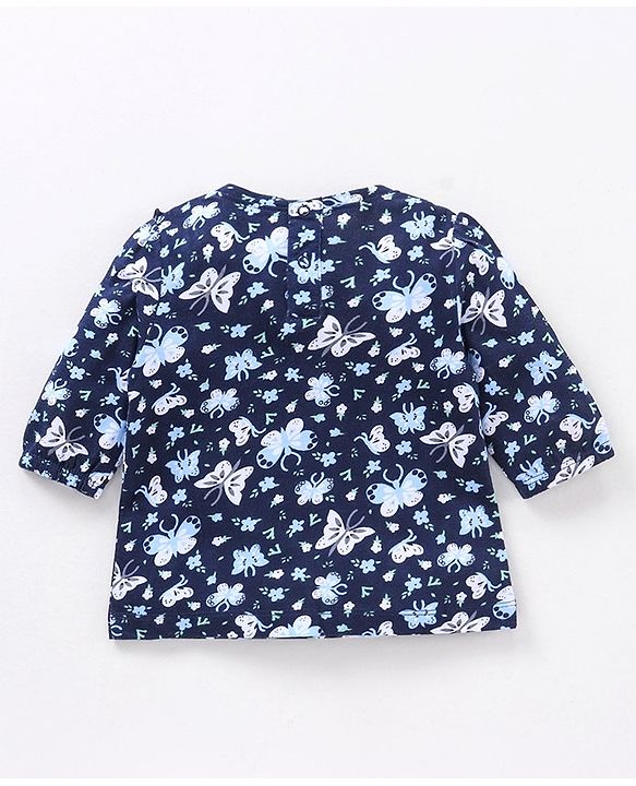 Babyhug Three Fourth Peasent Sleeves T-Shirt  With Butterfly Print - Navy Blue