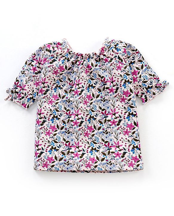 Babyhug Three Fourth Sleeves Top with Frill Detailing & Floral Print - Light Peach