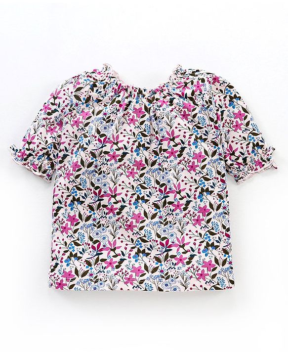 Babyhug Three Fourth Sleeves Top with Frill Detailing & Floral Print - Light Peach