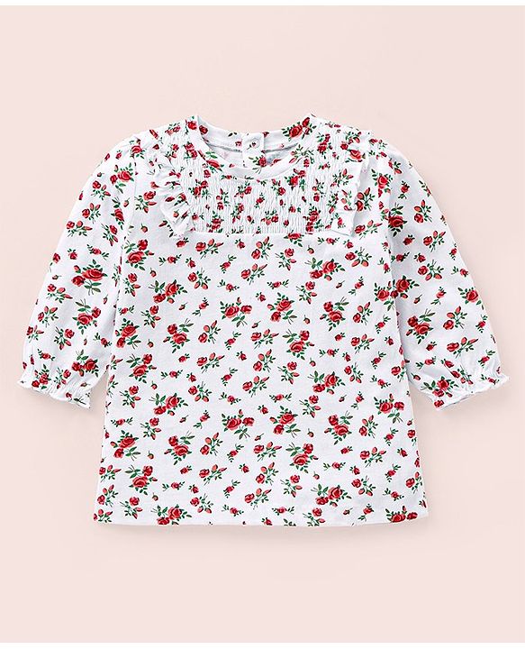 Babyhug Three Fourth Sleeves Top with Smocking and Frill Detailing & Floral Print - White