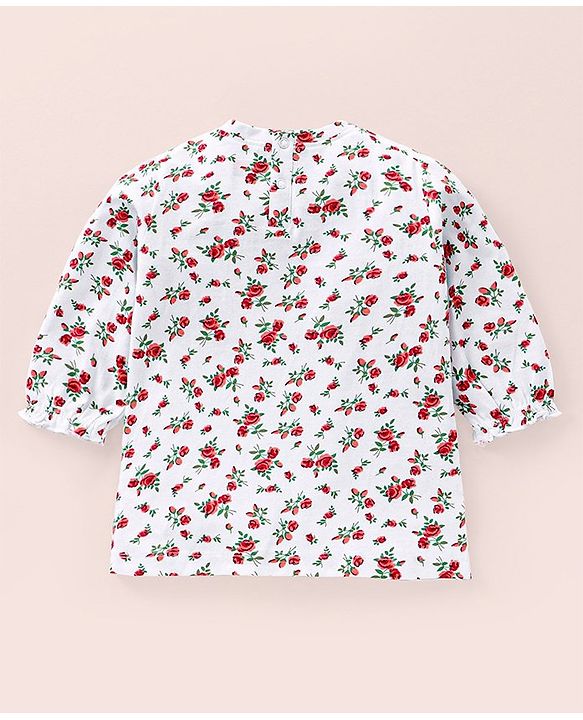 Babyhug Three Fourth Sleeves Top with Smocking and Frill Detailing & Floral Print - White