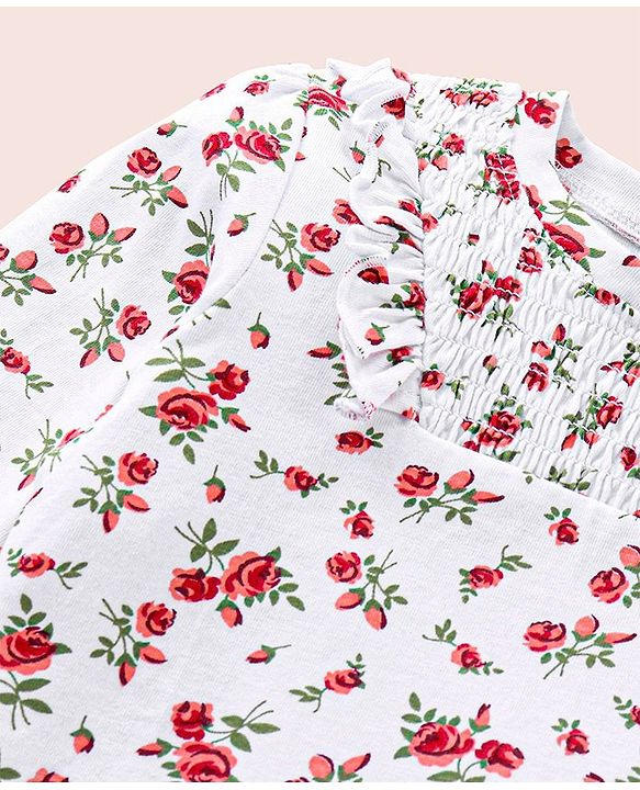 Babyhug Three Fourth Sleeves Top with Smocking and Frill Detailing & Floral Print - White
