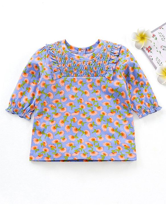 Babyhug Three Fourth Sleeves Top with Smocking and Frill Detailing & Floral Print - Blue