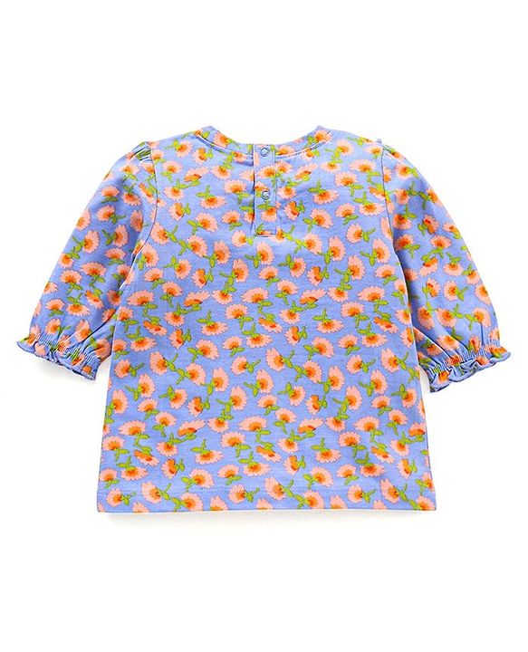 Babyhug Three Fourth Sleeves Top with Smocking and Frill Detailing & Floral Print - Blue