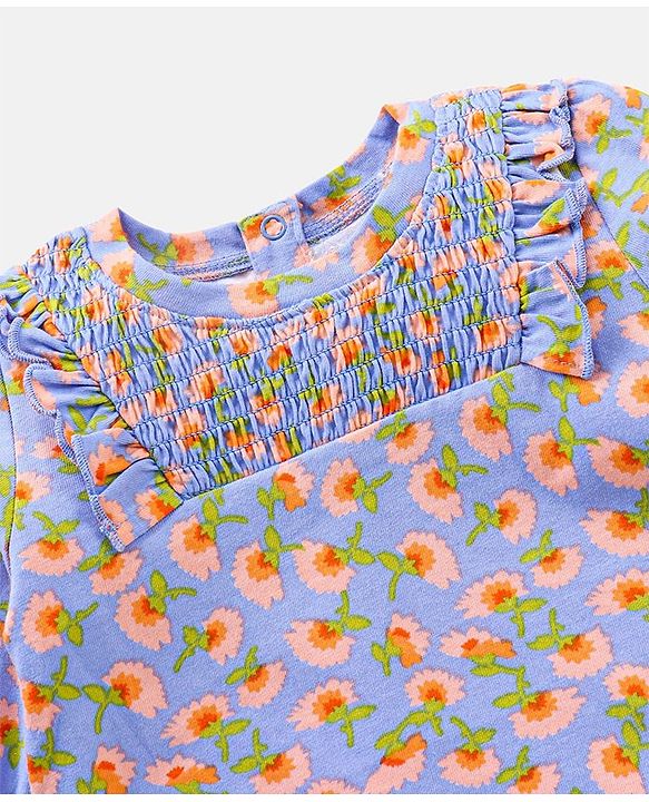Babyhug Three Fourth Sleeves Top with Smocking and Frill Detailing & Floral Print - Blue