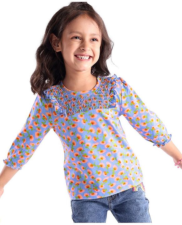 Babyhug Three Fourth Sleeves Top with Smocking and Frill Detailing & Floral Print - Blue