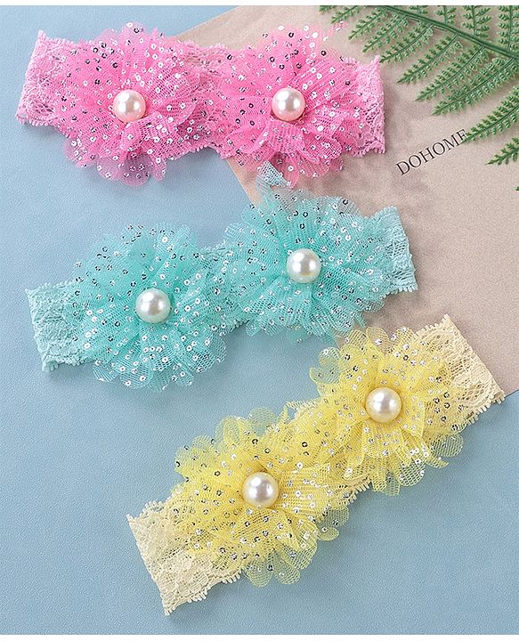 Babyhug Free Size Headbands with Bow Applique Pearl Embellished Pack of 3 - Pink Yellow & Blue