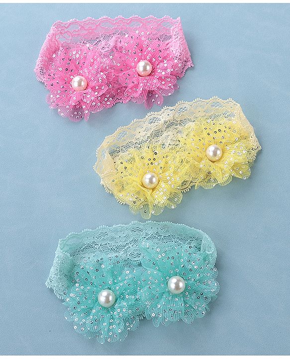 Babyhug Free Size Headbands with Bow Applique Pearl Embellished Pack of 3 - Pink Yellow & Blue