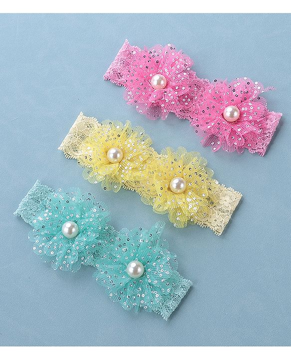 Babyhug Free Size Headbands with Bow Applique Pearl Embellished Pack of 3 - Pink Yellow & Blue