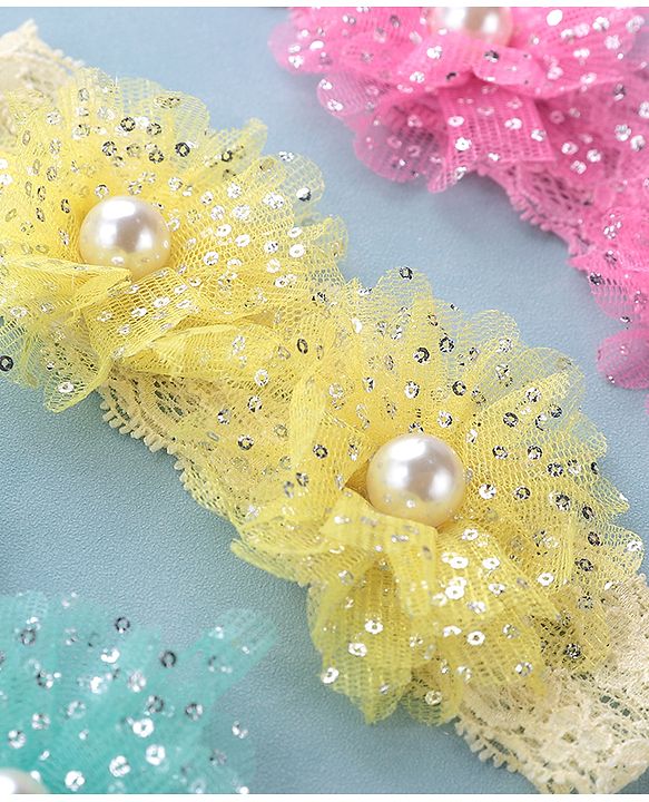 Babyhug Free Size Headbands with Bow Applique Pearl Embellished Pack of 3 - Pink Yellow & Blue