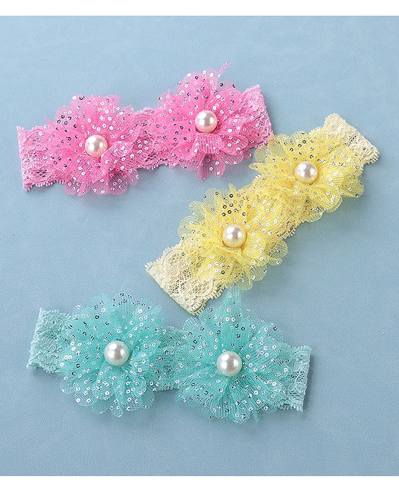 Babyhug Free Size Headbands with Bow Applique Pearl Embellished Pack of 3 - Pink Yellow & Blue