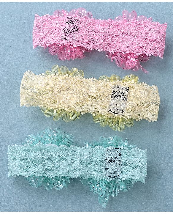 Babyhug Free Size Headbands with Bow Applique Pearl Embellished Pack of 3 - Pink Yellow & Blue