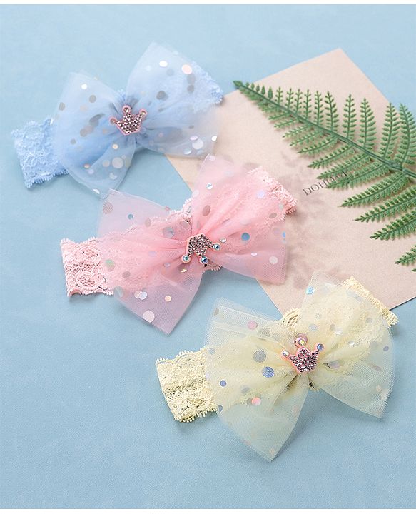 Babyhug Free Size Headbands with Bow Applique Sequin Embellished Pack of 3 - Pink Yellow & Blue