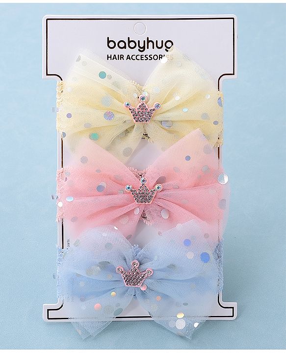 Babyhug Free Size Headbands with Bow Applique Sequin Embellished Pack of 3 - Pink Yellow & Blue