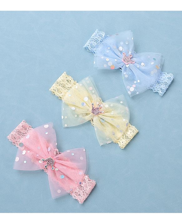 Babyhug Free Size Headbands with Bow Applique Sequin Embellished Pack of 3 - Pink Yellow & Blue