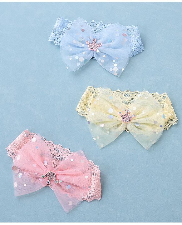 Babyhug Free Size Headbands with Bow Applique Sequin Embellished Pack of 3 - Pink Yellow & Blue