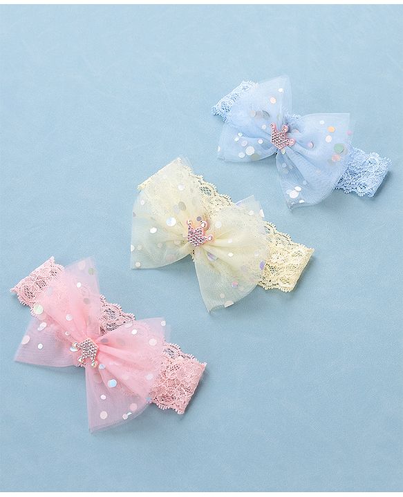 Babyhug Free Size Headbands with Bow Applique Sequin Embellished Pack of 3 - Pink Yellow & Blue