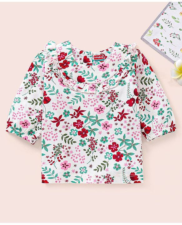 Babyhug Three Fourth Peasant Sleeves With Frill Detailing Floral Print Top - White