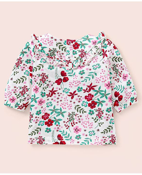 Babyhug Three Fourth Peasant Sleeves With Frill Detailing Floral Print Top - White