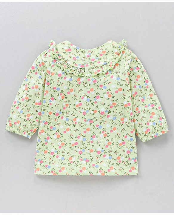 Babyhug Three Fourth Peasant Sleeves With Frill Detailing Floral Print Top - Green