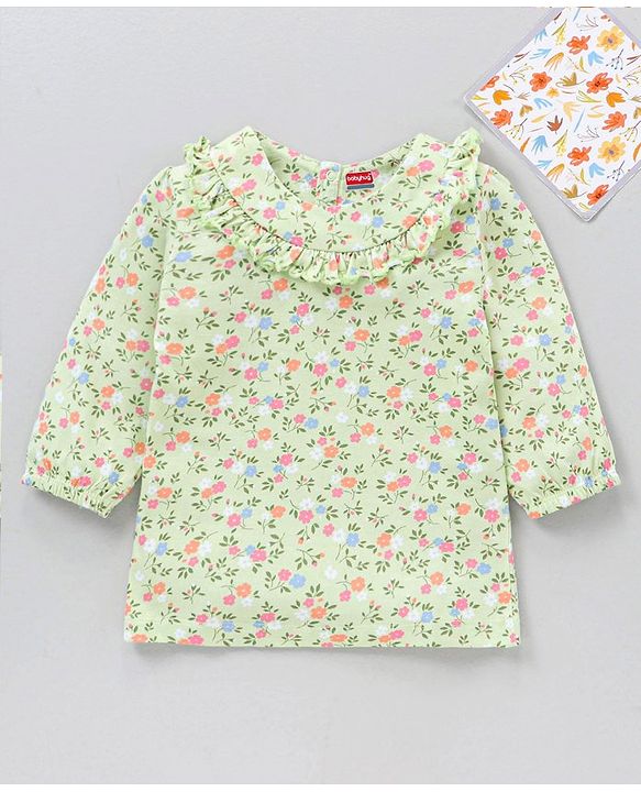 Babyhug Three Fourth Peasant Sleeves With Frill Detailing Floral Print Top - Green