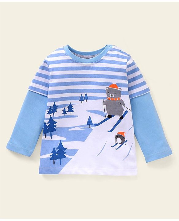 Babyhug Full Sleeves Striped T-Shirt Bear Print - White Blue