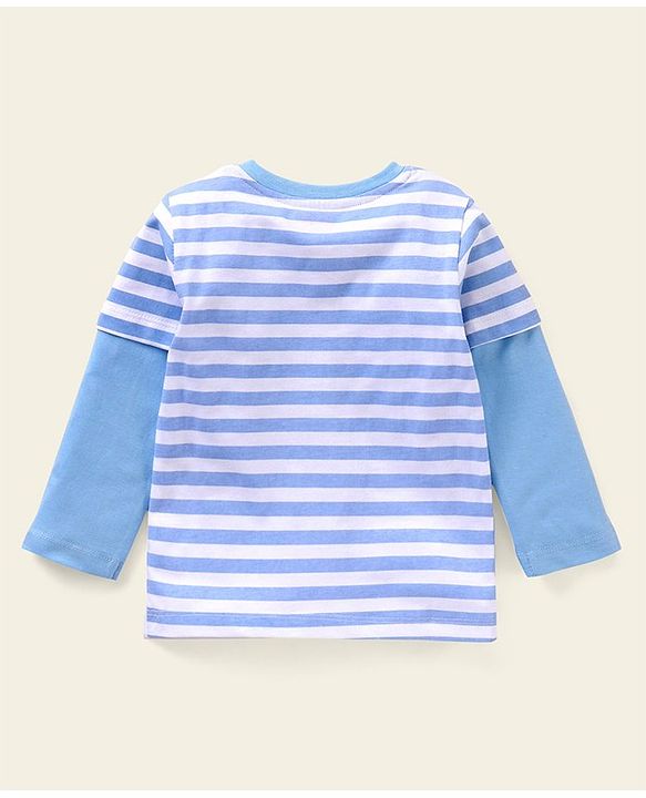 Babyhug Full Sleeves Striped T-Shirt Bear Print - White Blue