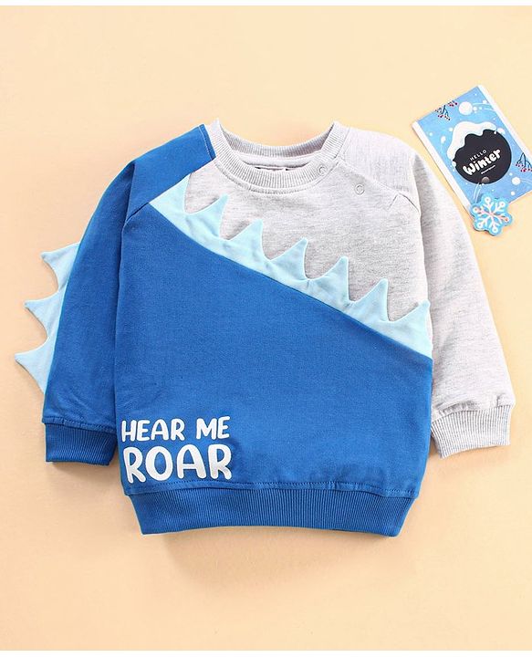 Babyhug Full Sleeves T-Shirt with Applique and Text Print - White Melange and Blue