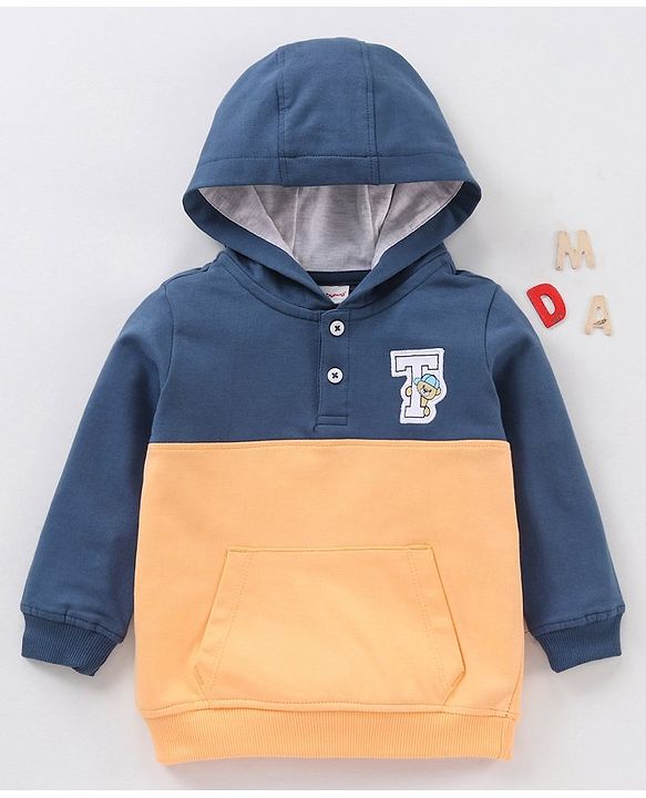 Babyhug Full Sleeves Winter Wear Hooded T-Shirt Text Print - Navy Blue Yellow