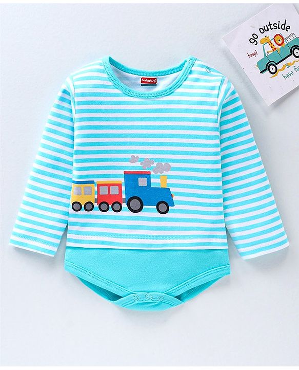 Babyhug 100% Cotton Full Sleeves Onesie Stripes & Train Print- Blue