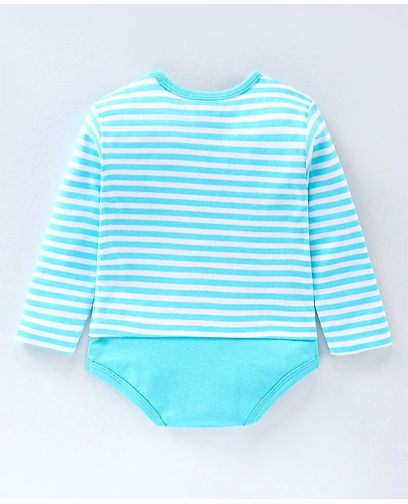 Babyhug 100% Cotton Full Sleeves Onesie Stripes & Train Print- Blue