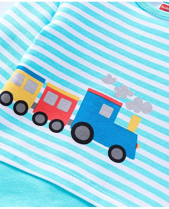 Babyhug 100% Cotton Full Sleeves Onesie Stripes & Train Print- Blue