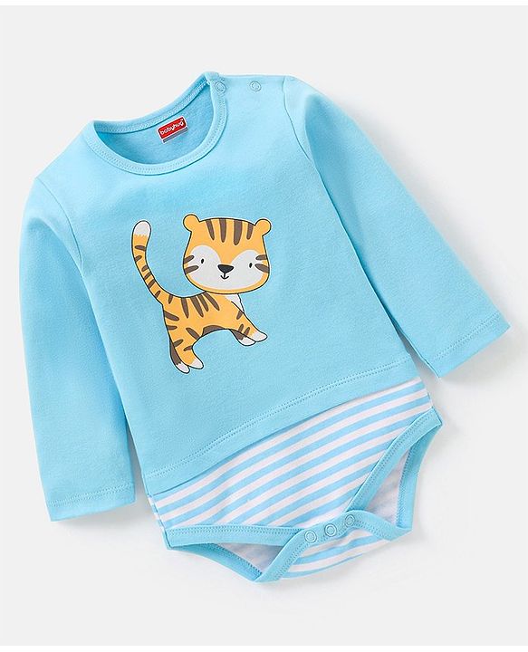 Babyhug 100% Cotton Knit Full Sleeves Onesies Cat Print - Blue