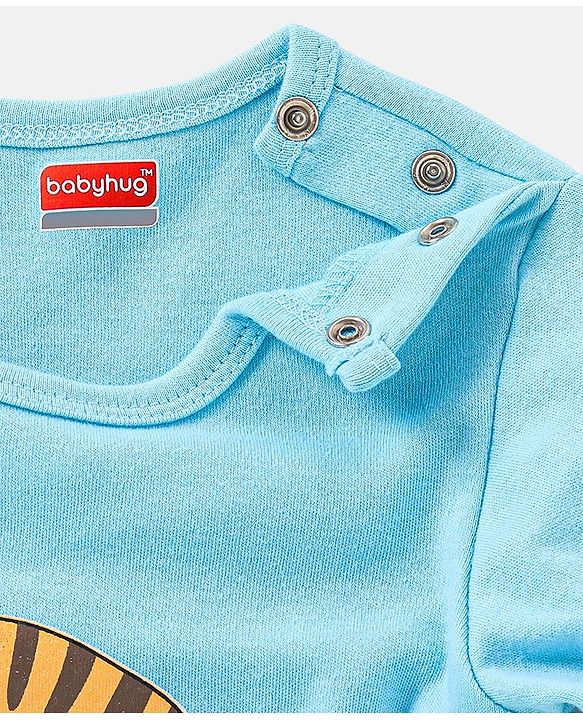 Babyhug 100% Cotton Knit Full Sleeves Onesies Cat Print - Blue