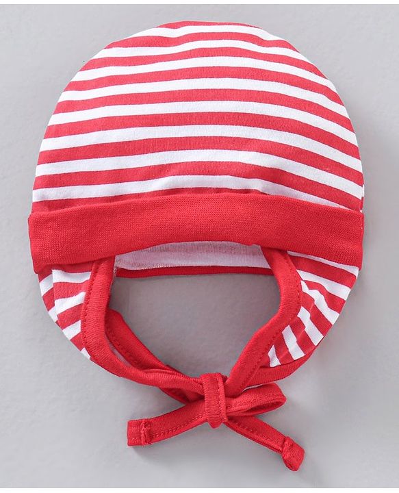 Babyhug 100% Cotton Striped Tie-Knot Cap Red - Diameter 17 cm