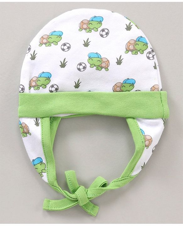 Babyhug 100% Cotton Tie Knot Cap Green Turtle Print - Diameter 16 cm