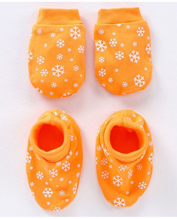 Babyhug 100% Cotton Mittens & Booties Set Ice Frost Print - Orange