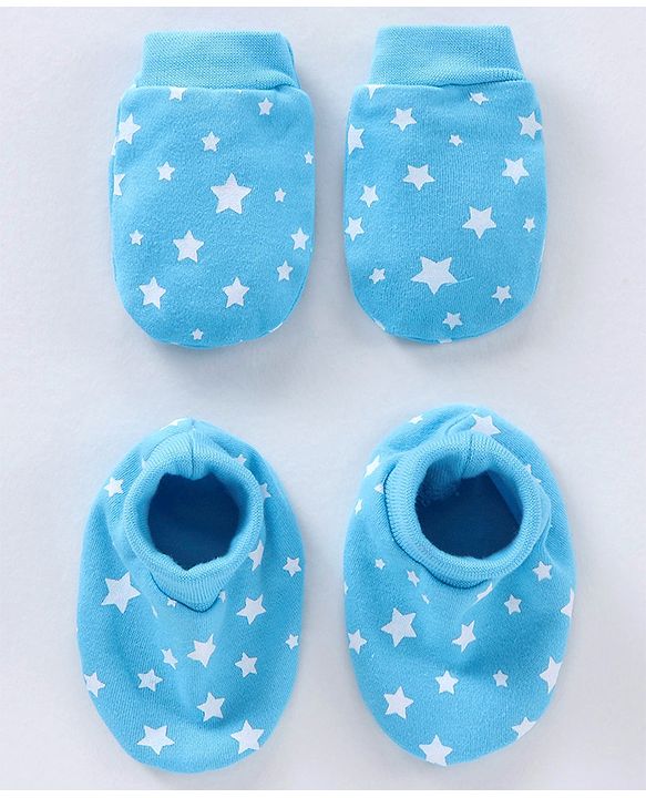 Babyhug 100% Cotton Mittens & Booties Set Star Print - Blue