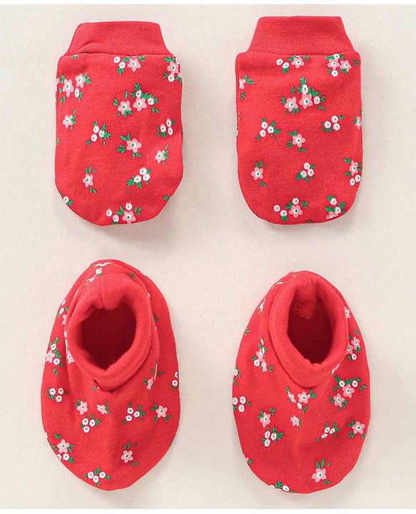 Babyhug 100% Cotton Mittens and Booties Floral Print - Red