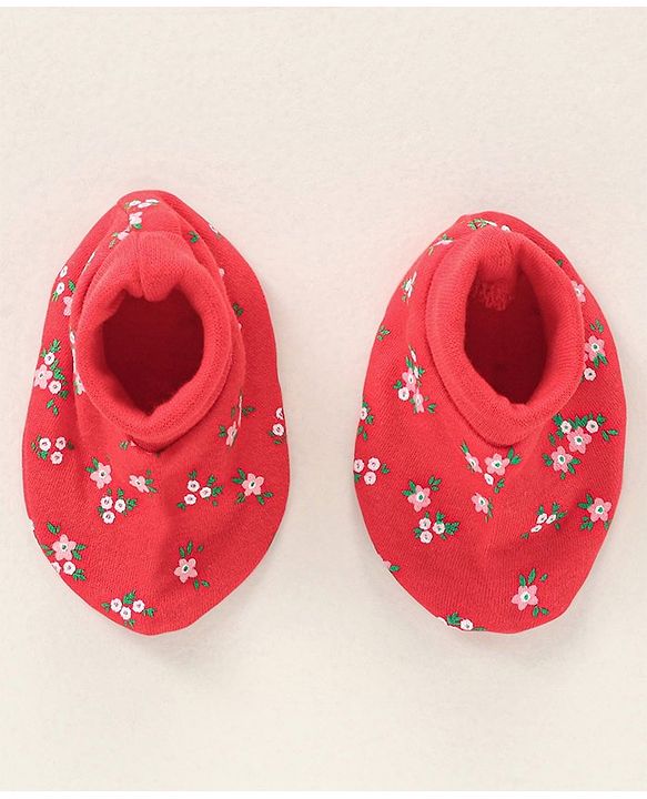 Babyhug 100% Cotton Mittens and Booties Floral Print - Red