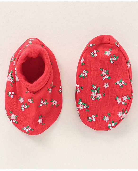 Babyhug 100% Cotton Mittens and Booties Floral Print - Red