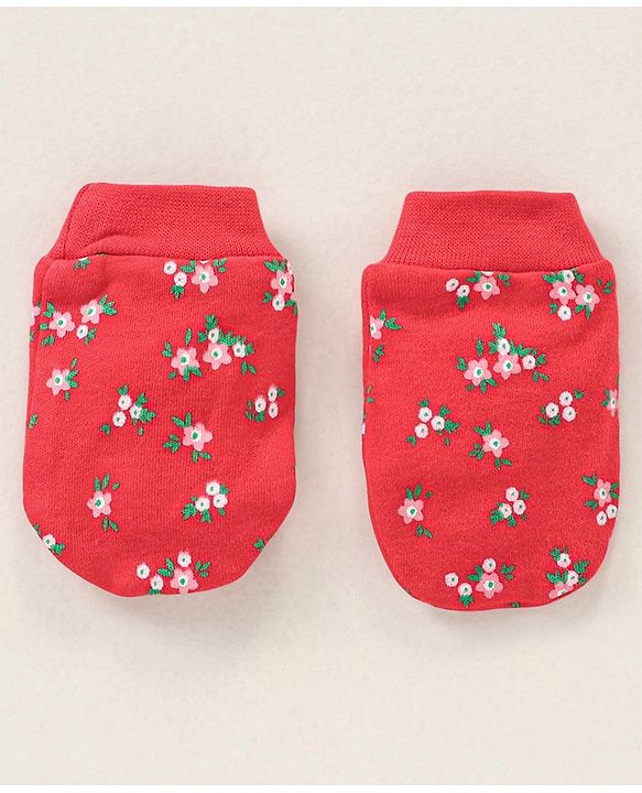 Babyhug 100% Cotton Mittens and Booties Floral Print - Red