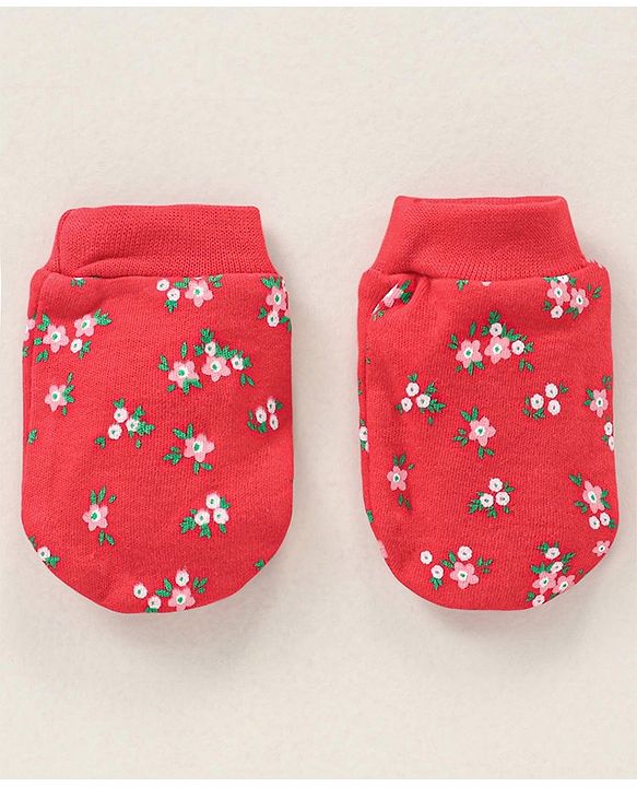 Babyhug 100% Cotton Mittens and Booties Floral Print - Red